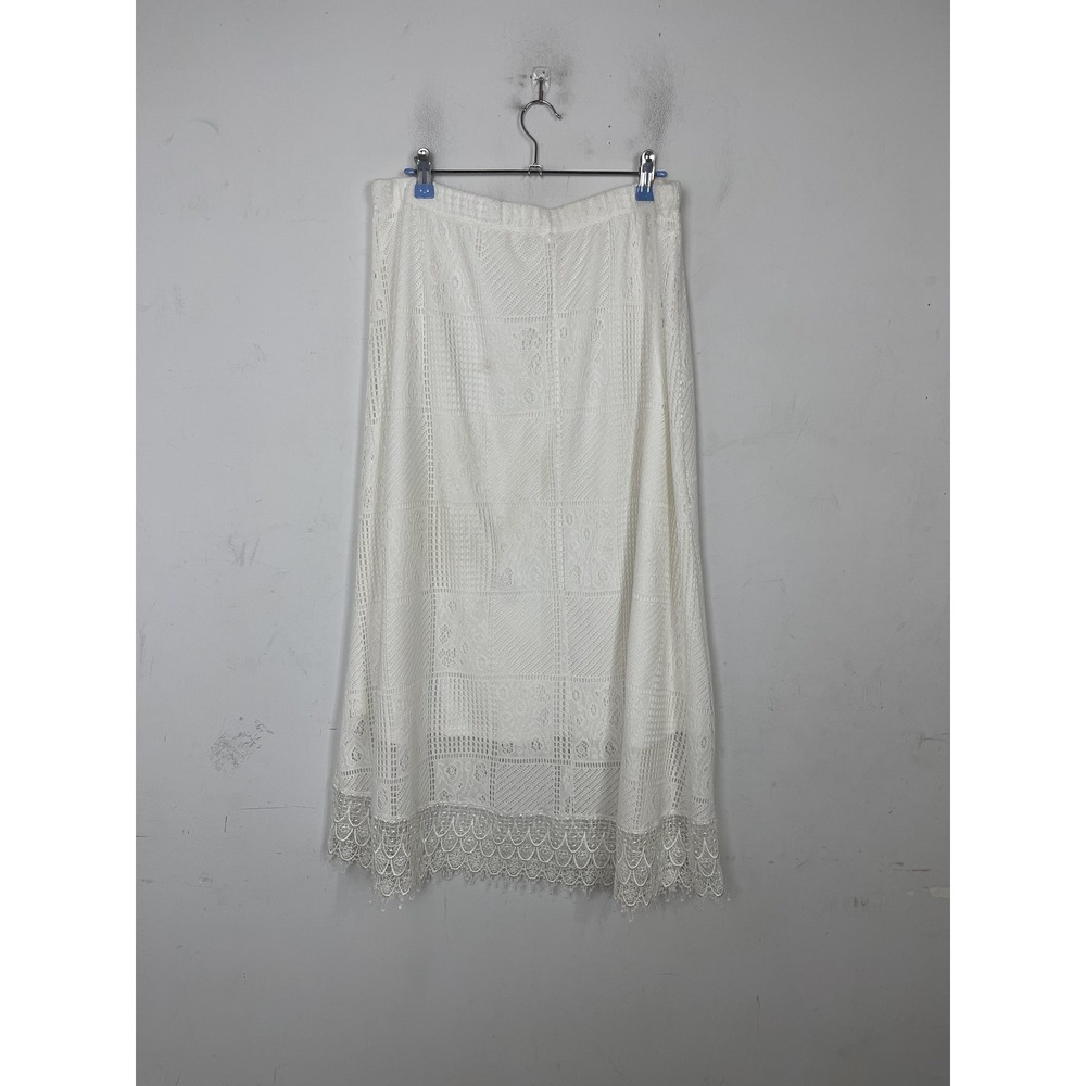 White Crochet‎ Lace Maxi Skirt Lined Womens Large Coastal Beachy Fairy Cottage